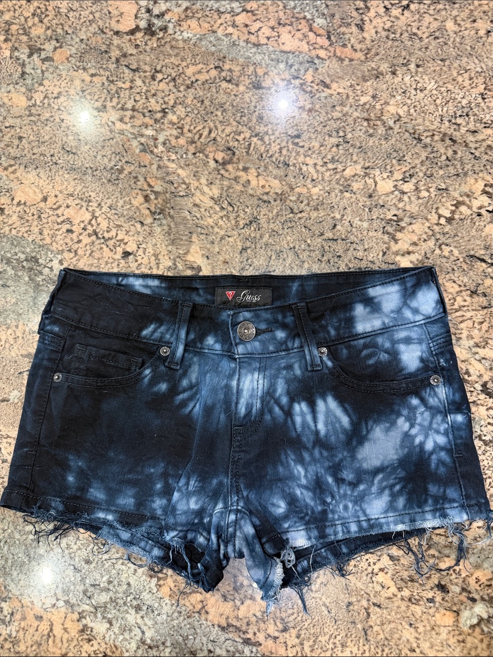 Guess Women's Black and Navy Tie-Dye Denim Shorts